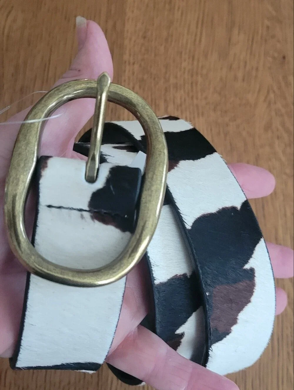Madewell Oval Buckle Belt - Calfhair Cow Print - white, black, brown